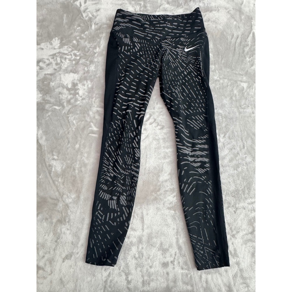 Nike Dri-FIT Womens Black Grey Abstract Dash Mesh Panel Running Leggings Medium